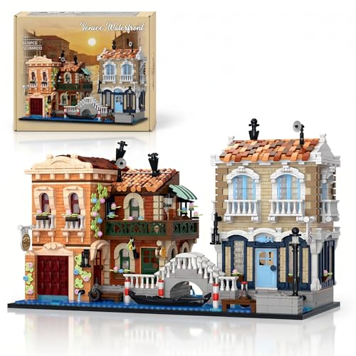 Mocbuiie Venedig Wasserstadt Haus Klemmbausteine mit LED-Beleuchtung - 4610 Teile Venice Waterfront Modular Building, Europäische Architektur für Erwachsene und Sammler Kompatibel mit Barweer BWR010