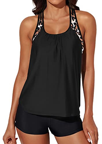 Aleumdr Women's Blouson Floral T-Back Push Up Tankini Top Halter Padded Slimming Swimsuit Sporty Swimwear Leopard Plus Size 2XL 18 20