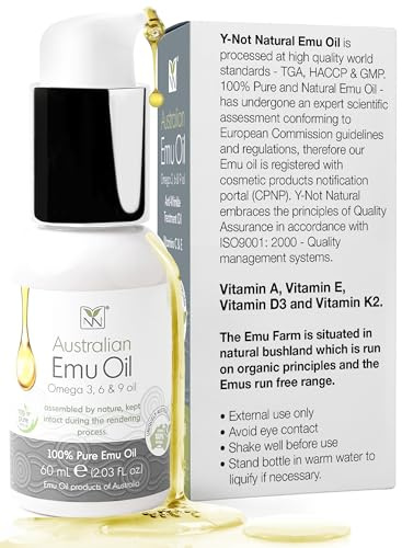 Y Not Natural Pure Emu Oil - Face Moisturizer, Body Oil & Hair Growth Oil - Organic Skin Care with Vitamin E Oil, Omega 3-6-9 - Multi-Use Face Oil, Scalp Oil & Cuticle Oil - Australian Emu Oil (60ml)