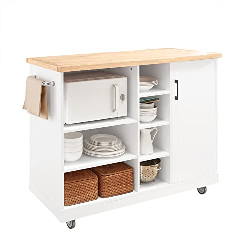 SoBuy FKW105-WN Design Küchenwagen mit Arbeitsplatte Kücheninsel Küchenschrank Rollwagen Sideboard auf Rollen Küchentrolley Mikrowellenschrank Weiß-Natur BHT ca.: 127x94x51cm