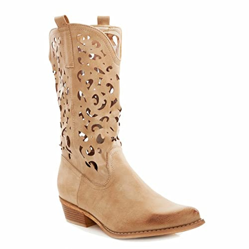 STILL Zapatos Mujer Botas Texanas Cowboy Perforadas Verano Negro Punta Moda Nuevas G629, beige, 36 EU