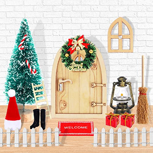 HOWAF 15PCS Mini Christmas Ornaments Dollhouse Miniature, Xmas Tree, Fairy Door Elf Door, Wreath, Broom, Lamp, Garden Tools for Xmas DIY Crafts Miniature Christmas Decorations