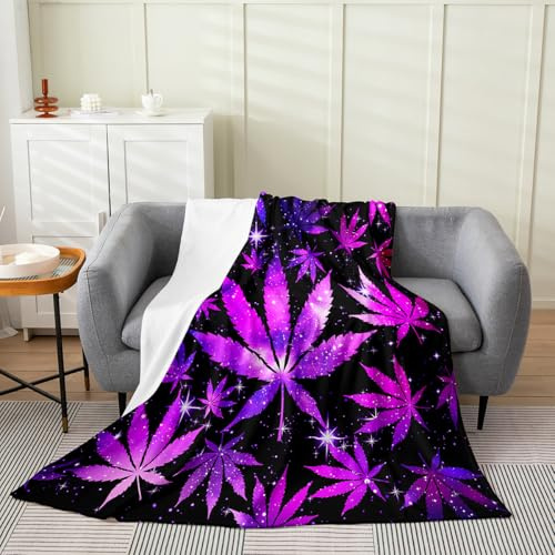 Erosebridal Hippie Black Purple Queen 90x90 Bed Bed Blanket,Galaxy Stars Leaf Throw Blanket for Adults Women Men,Leaves Flannel Blanket Botanical Fleece Blanket