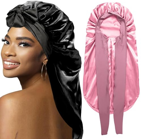 Bonnets pour femmes noires tressées, grand bonnet long en satin pour tresses, bonnet en soie avec bandeau élastique pour dormir, protège-cheveux, X-Large