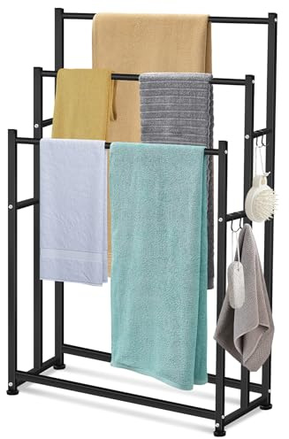 47.6 Inch Tall Free Standing Towel Racks 3 Tier Pool Towel Rack Outdoor Oversized Floor Bath Towel Drying Valet Holder Blanket Quilt Rack Stand for Bathroom Bedroom Beach Hot Tub Gym Pool Area Outside