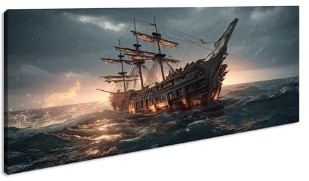 Gigante velero panorámico por la noche 80 x 40 cm como lienzo, diseño listo enmarcado en marco de madera auténtica, impresión digital de alta calidad con marco