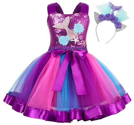iiniim Disfraz de Sirena para Niña Vestido Princesa Tutú Sirenita de Fiesta Cumpleaños con Diadema Flor Traje de Halloween Carnaval Party D Morado 4-5 años