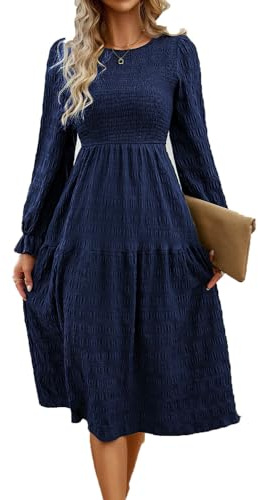QUNERY Robe Longue Femme Casual Manches Longues Col Rond Robe Couleur Unie Robe mi-Longueur pour Fête, Noël, Mariage, Cocktail Club, Nouvel an B-Bleu foncé M