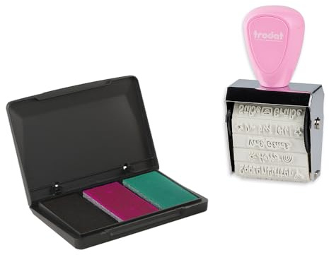 Trodat Creative Mini stämpelset, fina budskap för kreativ design – 12 avtryck, tyska, kreativa stämplar i pastellrosa inkl. stämpelkuddar i rosa, svart, grön, 30 x 5 mm