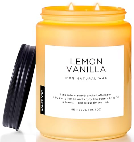 M&SENSE doftljus med citron vanilj 550g 110 timmar långvariga ljus för hem 2 vekande naturliga sojaljus i glasburk stressavlastande ljusgåvor för kvinnor och män