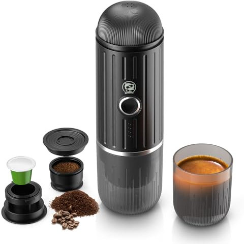 i Cafilas Rich Crema Portable Electric Espresso Coffee Maker, Travel Car Hiking, Fast self-heating 2 IN 1 Extraction System Espresso Machine, Support Ground Coffee and NS capsule, ME2218 (Black)