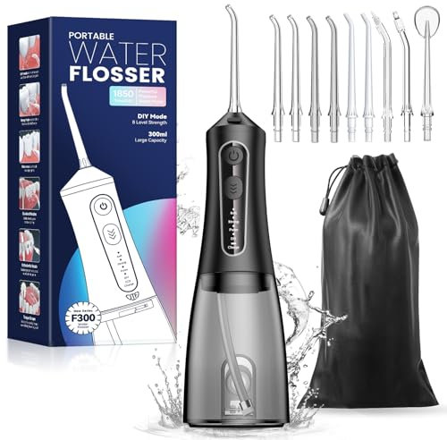 JTF Irrigatore Orale Senza Fili, Portatile Idropulsore Dentale Professionale Ricaricabile, 4 Modalità e 9 ugelli e Capacità 300ML Elettrico Water Flosser Impermeabile IPX7 per Viaggi a Casa(Nero)
