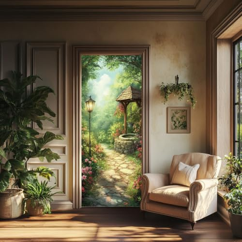 arricraft 2 Pcs Self-Adhesive Door Sticker, 31.5x78.7, Garden Street Lamp Plant Door Murals, PVC, Removable Wallpaper Decoration for Bedrooms, Living Room