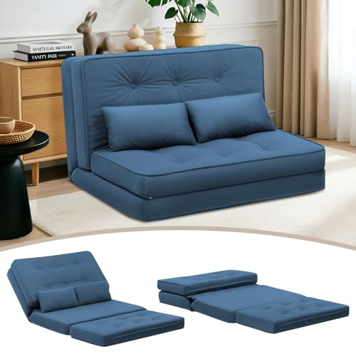 COMHOMA Bodensofa Klappbares, 3 in 1 Schlafsofa mit 6-Stufig Verstellbare Rückenlehne, Sofabett mit 2 Lendenkissen, Geeignet für Wohnzimmer, Schlafzimmer&Camping, Blau