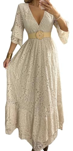 Robe longue en dentelle pour femme, col en V, manches cloches, taille empire avec ceinture dorée, robe bohème blanche, mariage occidental., beige, Taille L
