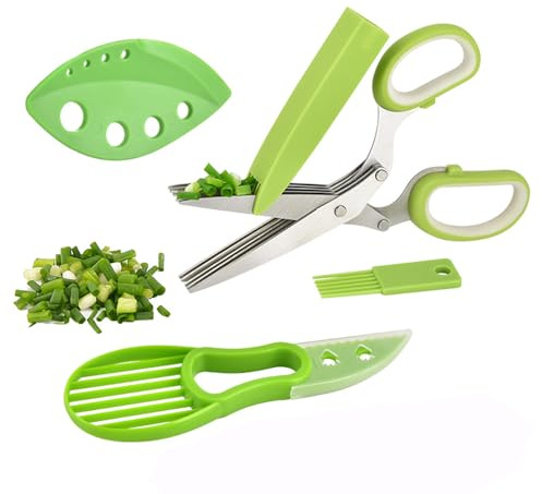 Forbici da cucina in 4 pezzi, forbici per erbe aromatiche, forbici da cucina in acciaio inox, 5 lame, con pettine di pulizia, copertura di sicurezza e fori di scorrimento, per verdure, prezzemolo