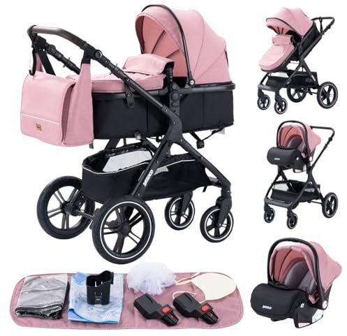 YAZOCO 3 in 1 Prams, Pushchair with Height Adjustable Handle, Travel System Pram with Changing Bag, Baby Stroller with Aluminum Frame for Newborn 0-4 Years (X1 Pink)
