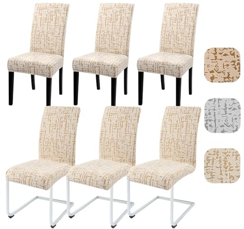 Alishomtll Stuhlhussen 6er Set Universal Stretch Kurzflor Stuhlhussen Schwingstuhl Elastische Abnehmbare Jacquard Stuhlbezug Waschbarer Hussen für Stühle für Esszimmer Hotel Bankett (Beige, 6 Stück)