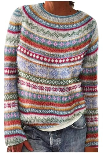 Suéter Fair Isle para Mujer Ropa de Punto Noruego Vintage Manga Larga Grueso Jacquard Jersey Anchos Termico Invierno Sweater Casual Argylee Nordic Cuello Redondo Sueter Talla Grande