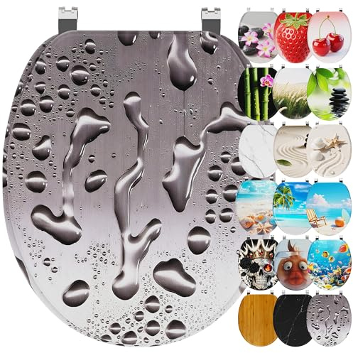 Ribelli WC Sitz mit Absenkautomatik, Toilettendeckel O-Form in Viele Motiven, Klodeckel Einfache Montage, Leicht zu Reinigen, ca. 46 x 37cm (Graue Wassertropfen)