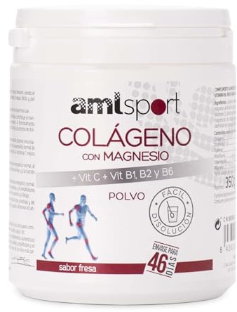 AMLsport Colágeno con magnesio + vit c, b1, b2 y b6, Articulaciones fuertes, Regenerador de tejidos con colágeno hidrolizado tipo 1 y 2, Envase para 46 días, Sabor Fresa, 350 g (Paquete de 1)