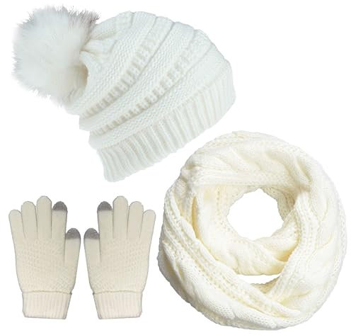 CheChury Strickmütze Wintermütze Schal Set Beanie Gestrickt Fleece Bommel Touchscreen Handschuhe Set Winterschal Kombi Set Loop Grobstrick Schal Damen Geschenk Winterzubehör, Weiß, Einheitsgröße