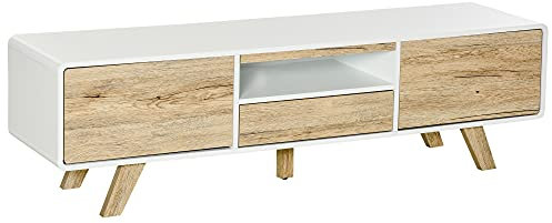 HOMCOM TV Schrank TV Lowboard Kommode für Fernseher Kleiner als 60'' mit Push-In-Design Schublade Wohnzimmer MDF Weiß+Natur 160 x 40 x 45 cm