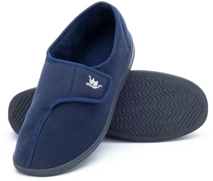Happy Touch Men's Adjustable Wrap 80-D Memory Foam Comfy Diabetic Slippers for Swollen Feet, Edema, Arthritis, Elderly Indoor/Outdoor w/Anti Slip Sole, (Navy Blue, 12)