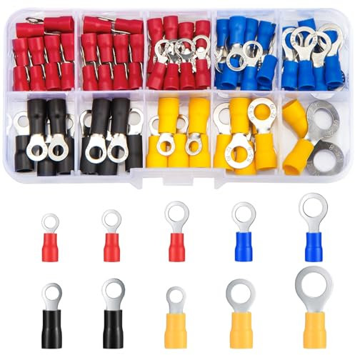 Vwoqiy 102 Stück Ringkabelschuhe, Kabelverbinder, Ring Kabelschuhe Isolierte Steckverbinder Stoßverbinder Quetschverbinder Flachstecker Anschlussklemmen (Vier Farben 102)