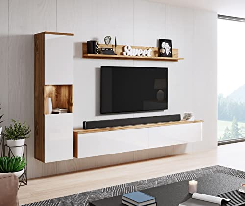 PIASKI Conjunto de Muebles de salón Paris, iluminación LED Opcional, Juego de Muebles de salón, Muebles de salón Modernos (Wotan/Blanco Brillo)