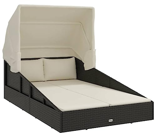 vidaXL Transat avec Toit Pliable Noir 200x114x128 cm résine tressée, transat de Jardin, Chaise Longue extérieure, lit de Jour extérieur
