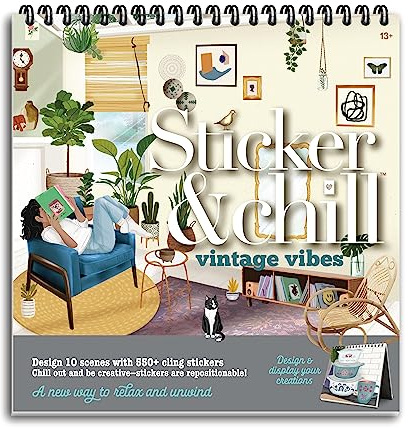 Sticker & Chill - Vintage Vibes - Repositionable Stickers with Over 500 Stickers & 10 Scenes - Travel Friendly Activity for Adults