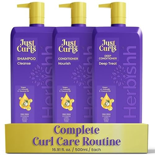Herbishh Just Curls Vegan Shampoo and Conditioner + Leave in Deep Conditioner for Curly Hair Products Kit Enriched with Avocado & Coconut Oil for Dry Damaged, Wavy, Curly Hair Gift set for Women & Men