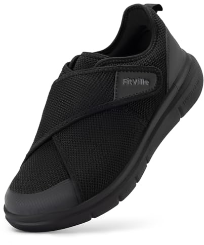 FitVille Men's Diabetic Shoes Extra Wide – Adjustable Closure Walking Shoes for Swollen Feet, Neuropathy & All-Day Standing Comfort – EasyTop V5 (14 X-Wide, Jet Black)