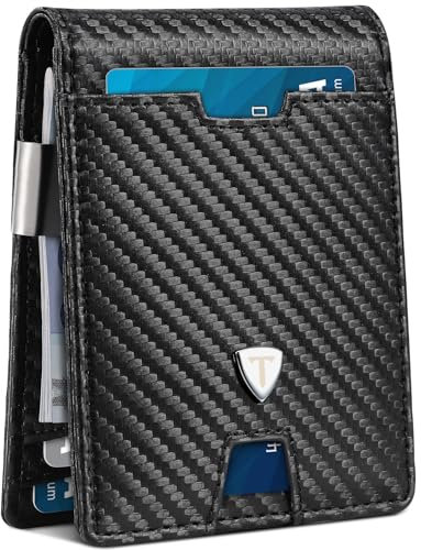 Tomylv Geldbörse Herren Slim RFID Blocking Portmonee Herren Kohlefaserleder mit 13 Kartenetui, Ausweisfenster, Geldscheinklammer, Minimalistischer Geldbörse mit Geschenkbox - Schwarz