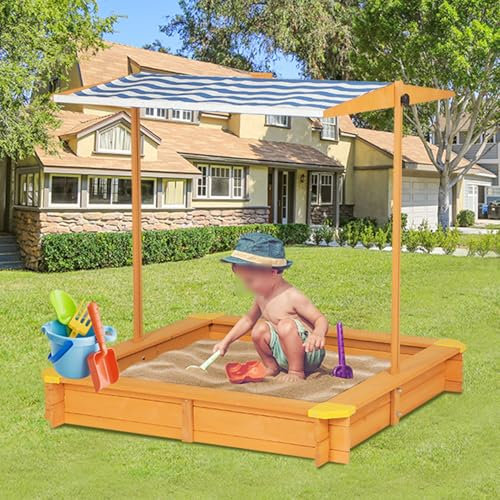 Arenero de Madera para Exteriores con Cubierta, Cajas de Arena con Toldo y Asientos Plegables de Banco de Almacenaje, Mesa de Arena con Forro de Protección En El Fondo, Caja de Arena para Niños de 2 A
