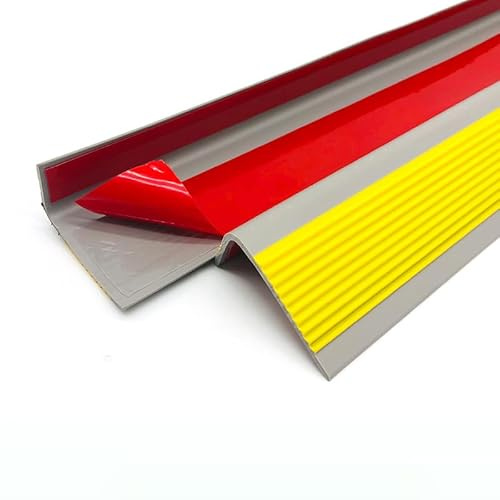 Zayejod 10M Bullnose Stair Anti Slip Nosing Self-Adhesive, 50x25mm | Grey With Yellow Vinyl Edging Strip,Non Slip Step Trim,PVC Rubber Angle Stair Edge Trim for Indoor Outdoor Stairs