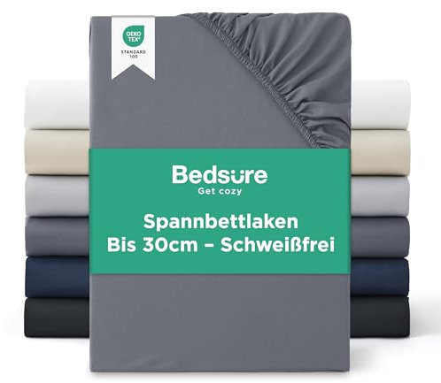 Bedsure Spannbettlaken 140x200cm Bis 30cm - Bettlaken 140 x 200 Boxspringbett, Oeko-TEX Zertifiziert Spannbetttücher, Gebürsteter-Mikrofaser, Hautfreundlich Weich & Pflegeleicht, Anthrazit-grau