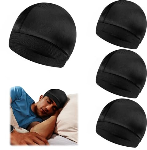 Leikedun Lot de 4 Bonnets Ondulés Soyeux pour Homme, avec Bande élastique,Bonnet Doux et Respirant pour la Douche et Le Sommeil,Perruque