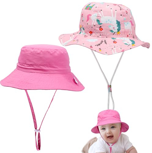 Risipu 2 Pcs Adjustable Baby Sun Hats for Toddler Kids Soft Bucket Hats Breathable Fishing Hat Summer Beach Hat for Newborns Boys & Girls (S, Rose+Pink1)