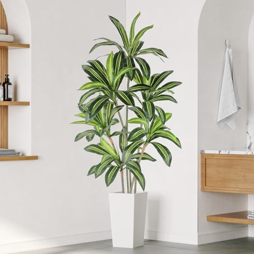 YOLEO 6FT Artificial Dracaena Tree with White Tall Pot Indoor | Lifelike Faux Silk Tree for Homes & Offices Decor 180cm