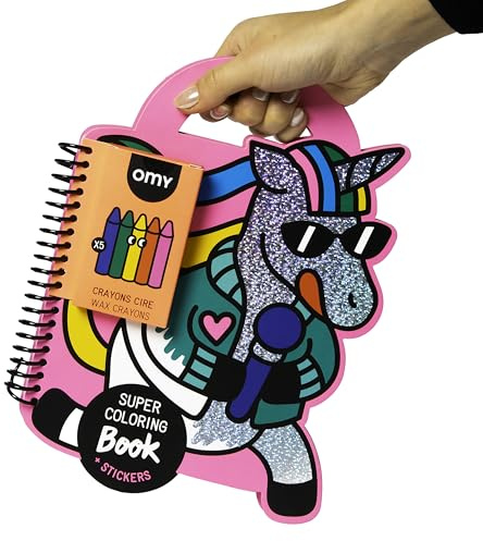 Omy Unicorn Super Coloring Book | Enter a Magical World of Rainbows, Sparkles, and Imagination | 35 Pages, 2 Sticker Sheets, 5 Wax Crayons | Creative Play for Kids Ages 3 and Up