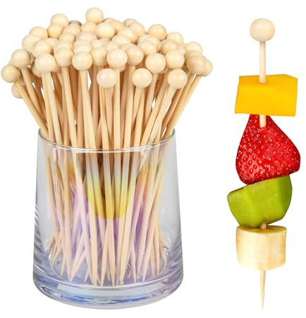 100Pcs Fancy Toothpicks for Appetizers,4.7Inch Wooden Ball Cocktail Picks For Drinks,Bamboo Appetizer Skewers for Charcuterie Boards Accessories,Martini, Sandwich,Desserts,Fruit