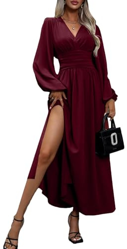 JENJON Vestidos de Mujer 3.0 V Cuello Elegante Manga Larga Maxi Elastica Vestido de Casual Otoño e Invierno
