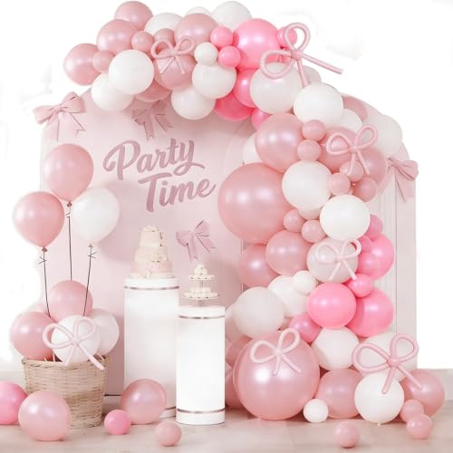 Pink White Bow Balloon Arch Kit, Bow Knot Balloons, 104Pcs 18/12/10/5 Inch | Different Sizes Balloon Garland, Latex Balloons, Perfect for Baby Shower, Birthday, Wedding, Hen Party & Party Decorations