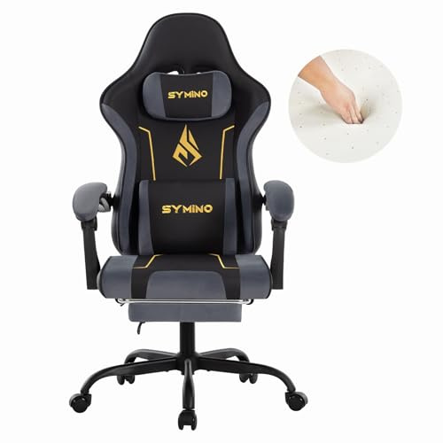 Symino Gaming Stuhl mit Latex Rückenlehne und Sitzkissen, Ergonomischer Bürostuhl, Rennstuhl-Design PC Stuhl, Verstellbarer Drehbarer Task Stühle mit Fußstütze 130kg, Schwarz-Grau