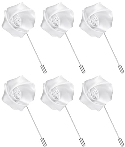 QUARKZMAN 6 Piezas De Alfiler De Solapa De Rosa Para Hombre Alfileres De Solapa De Flor De Raso Broche De Seda Para Accesorios De Traje De Boda Y Negocios Del Novio Blanco Puro