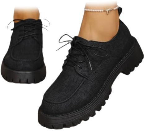 Mocasines de plataforma con cordones y puntera redonda para mujer, tacones gruesos, informales, elegantes, de negocios, cómodos, para oficina y trabajo, Black, 37 EU