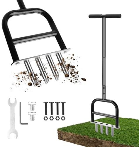 Qdreclod Aérateur de Gazon Manuel en Acier Inoxydable – Core de Pelouse Scarificateur à 4 Dents, Aérateur de Pelouse pour Jardin, Terrain de Sport et Espaces Verts