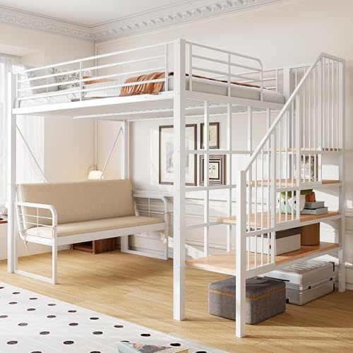 Merax Lit mezzanine, 140 x 200 cm, cadre en métal, avec canapé rembourré amovible, escalier de rangement, grand espace de rangement, sous-lit, pour enfants et adolescents, blanc, (sans matelas)